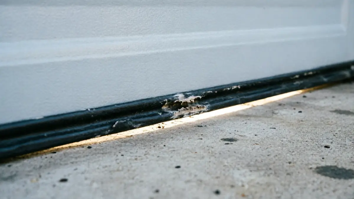 The garage door bottom seal is damaged, with light showing underneath.