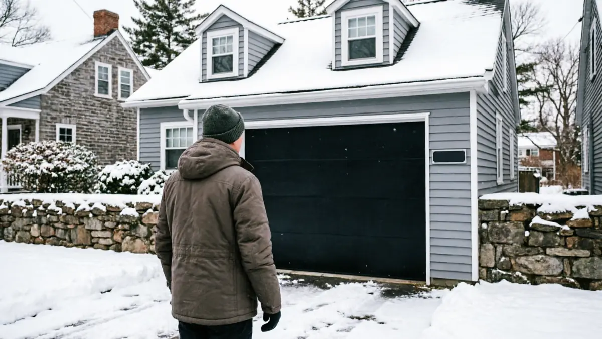 A person stands in a snowy driveway looking at a closed black garage door.