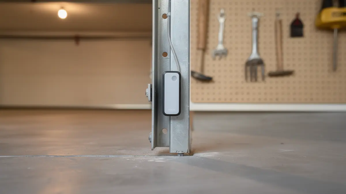 A white garage door sensor is mounted on a metal track.