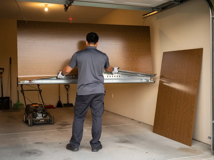 A technician installs a brown wood-grain garage door panel in a garage.