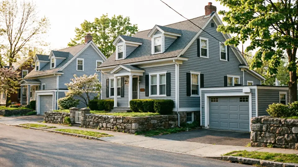 A gray house with a gray garage door and black shutters.